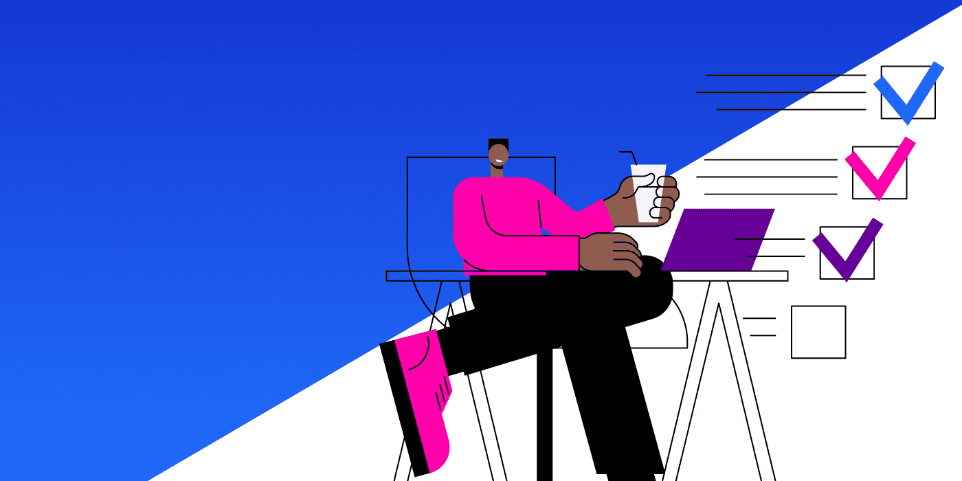 Illustration of a person sitting with a laptop and a checklist.
