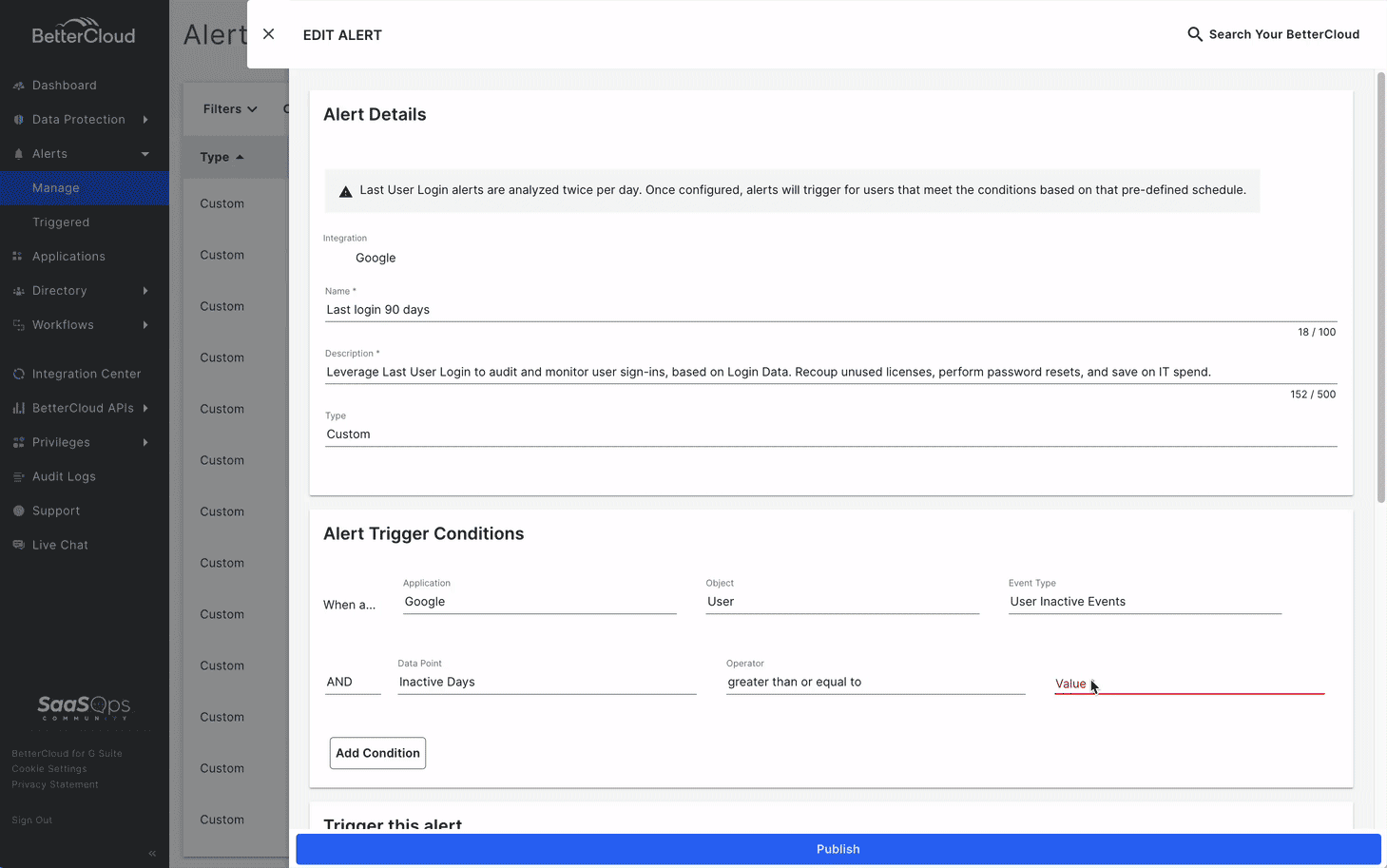 GIF showing how to create a BetterCloud workflow that finds unused licenses.