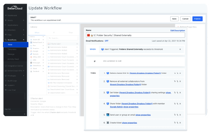 Screenshot of BetterCloud's platform showing creating a workflow