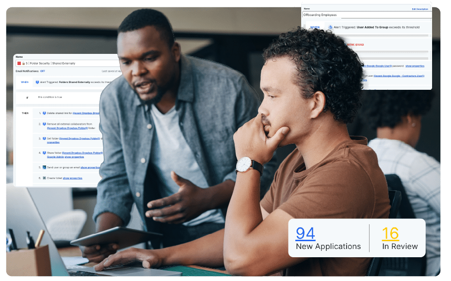 Two men looking at a computer screen while discussing BetterCloud's help desk console