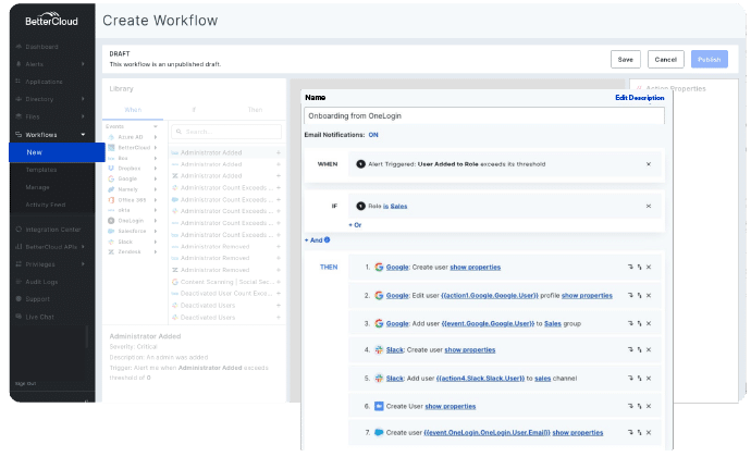 Screenshot showing how to create workflows in BetterCloud's platform