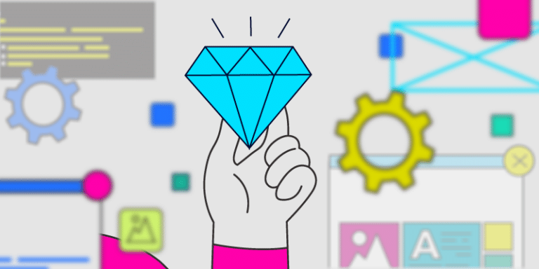 Illustration of hand holding a diamond amidst technical icons in the background.