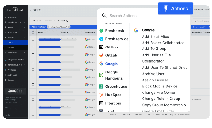 Screenshot showing BetterCloud's platform completing google tasks