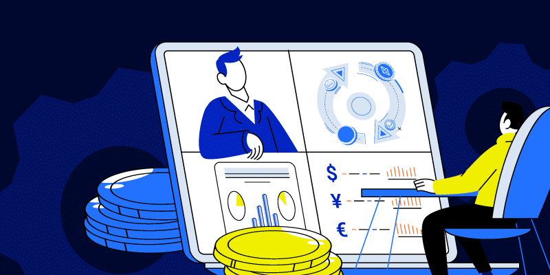 Illustration of a person sitting at a computer monitor showing spend and forcasts.