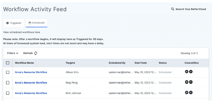 Screenshot showing workflows activity feed in BetterCloud's platform