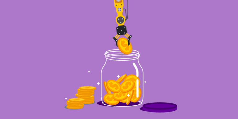 Illustrated robot arm placing coins in a glass jar.