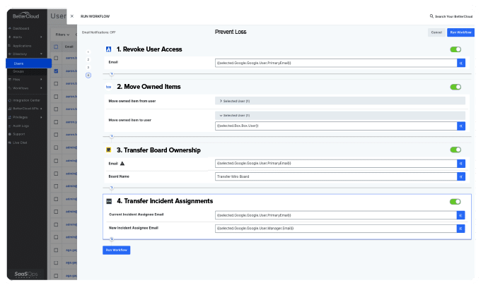 Screenshot of the BetterCloud platform showing workflows for threat remediation
