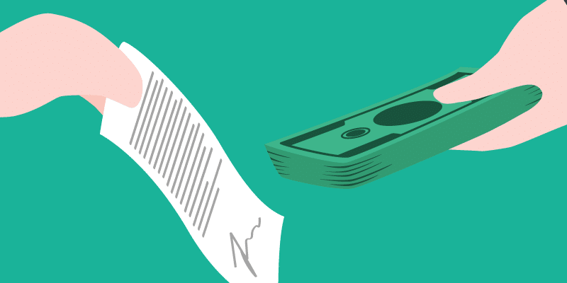 Illustration showing an exchange of a contract for dollar bills.