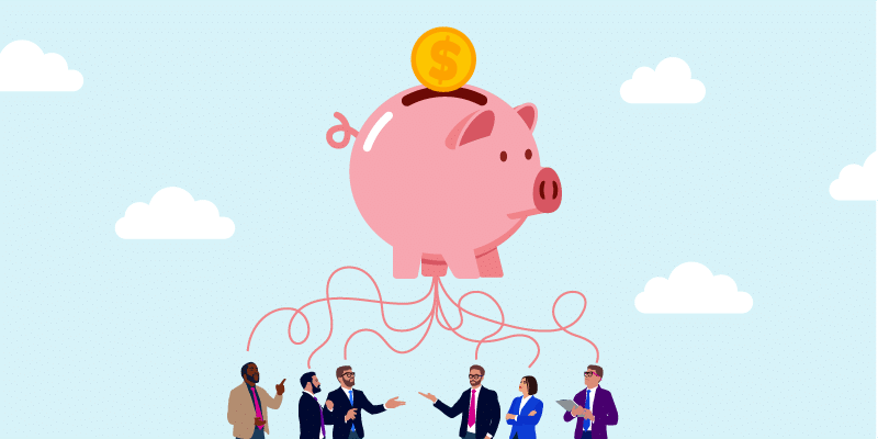 Illustration of a piggy bank with squiggly "thought" lines linking to several business CFOs
