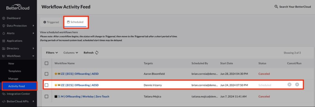 Workflow Activity Feed view of scheduled workflows