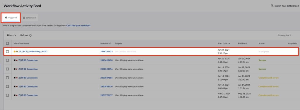 Workflow Activity Feed view of status of triggered workflow