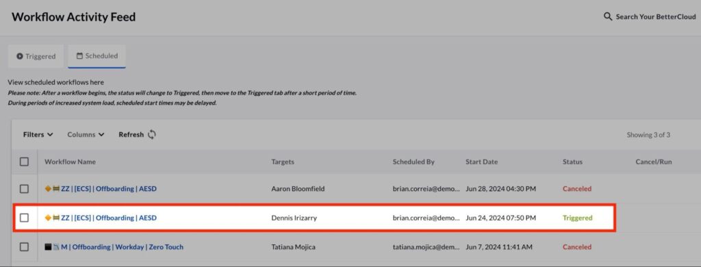 Workflow Activity Feed view of triggered workflow