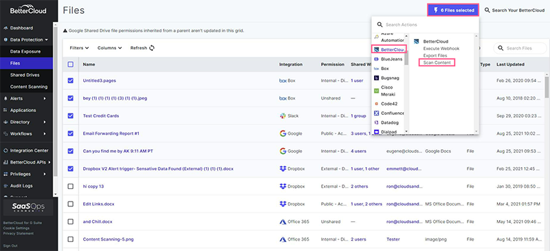 Content scanning in BetterCloud with a drop down menu to take action