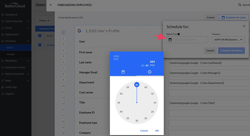 BetterCloud schedule clock in an onboarding workflow