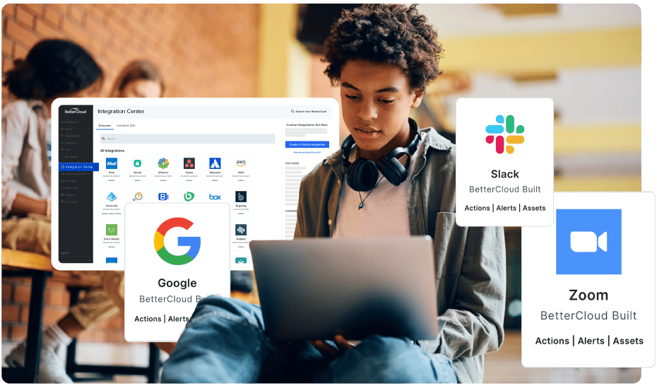 Image of a student in a hallway with a laptop, surrounded by BetterCloud integration icons