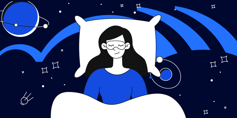 Illustration of a woman sleeping with planets, stars and BetterCloud logo behind her.