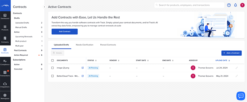 Check the status of contract uploads in the contract module in BetterCloud