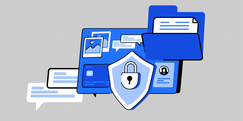 Illustration of various computer files with a lock overtop of them representing security