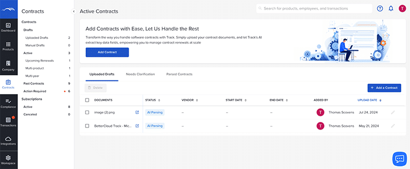 The contract module in BetterCloud, SaaS Spend Management Platform