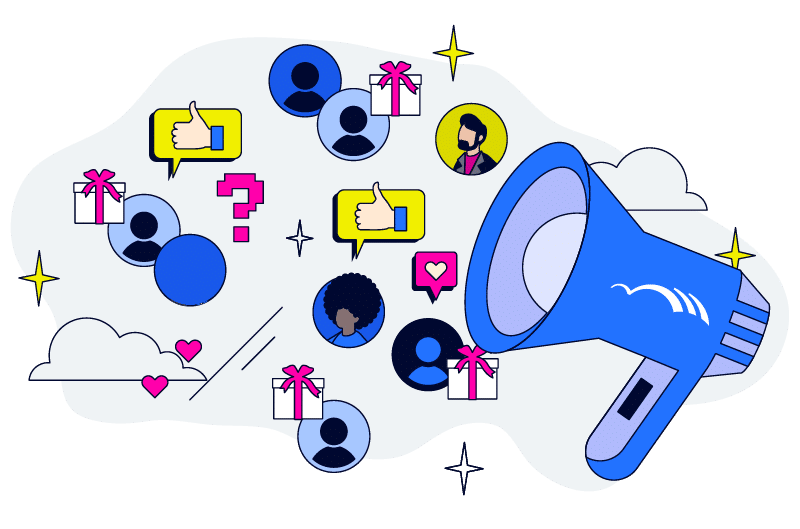 Illustration of a megaphone and various "likes" from customers