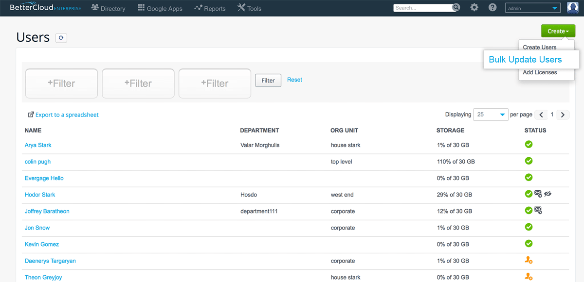 Screenshot of BetterCloud's Bulk update users