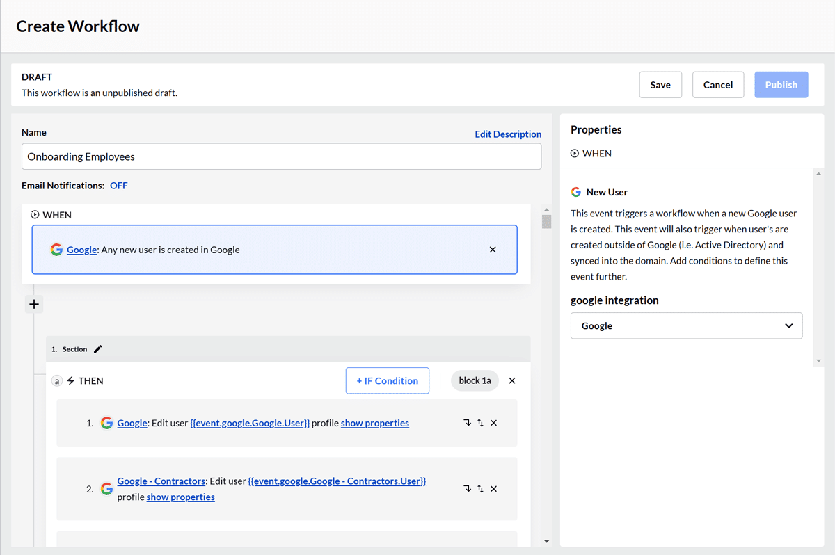 Screenshot of BetterCloud's Google Workspace onboarding workflow