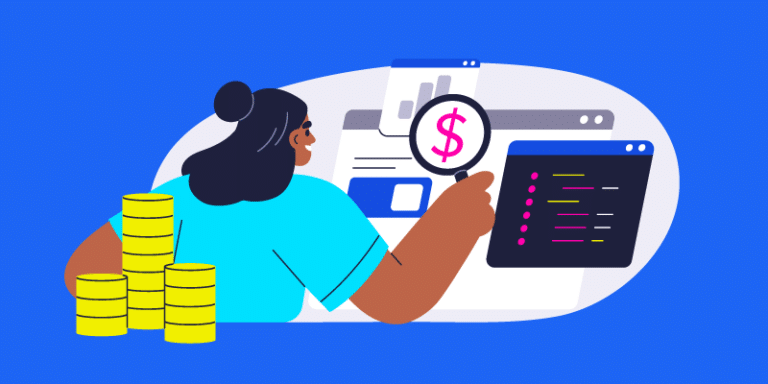 A person closely examines financial data displayed on a computer screen, using a magnifying glass to scrutinize the details. Nearby, neatly stacked coins symbolize financial growth and investment. Various charts and graphs are positioned around the workspace, indicating an analytical approach to optimizing software licenses and enhancing SaaS spend management. The scene conveys focus and strategy in handling financial responsibilities effectively.