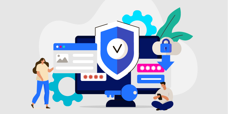 A digital illustration featuring a central computer screen displaying a shield and padlock, symbolizing robust security measures. Flanking the computer are two individuals engaged in discussion, suggesting teamwork in data protection efforts. Surrounding them are gears, representing system processes and functionality, as well as various icons related to cybersecurity such as cloud storage, a network globe, and encrypted files. The composition highlights themes of digital safety and collaborative security strategies.