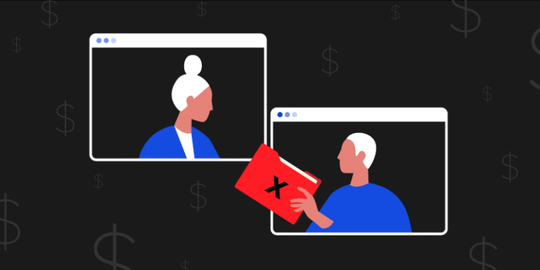 Two computer screens feature prominently, each showing a participant. The individual on the right extends their hand, offering a red folder marked with an "X" to the person on the left. In the background, dollar signs are scattered, suggesting hidden costs relating to insecure file sharing.