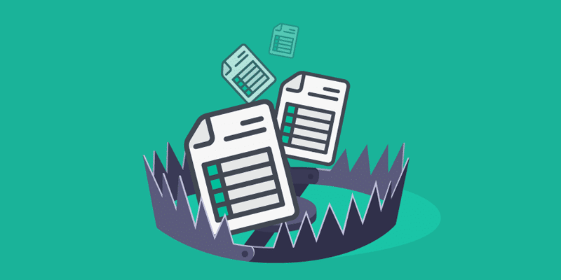 A collection of spreadsheets depicted as though falling into the jaws of a large metal bear trap, set against a teal background.