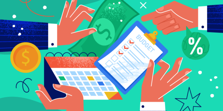 Illustration showing hands engaged in financial planning activities, including interacting with a calendar marked with key dates, handling various currencies, reviewing a budgeting checklist with ticked and unticked items, and considering a percentage symbol representing interest rates or savings. The scene is set against a teal background to convey tranquility and focus on strategic money management.