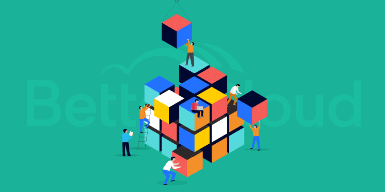 A group of diverse individuals collaborates on constructing a vibrant 3D cube structure, using ladders and cranes to place various pieces together. The scene symbolizes tackling SaaS spend challenges.