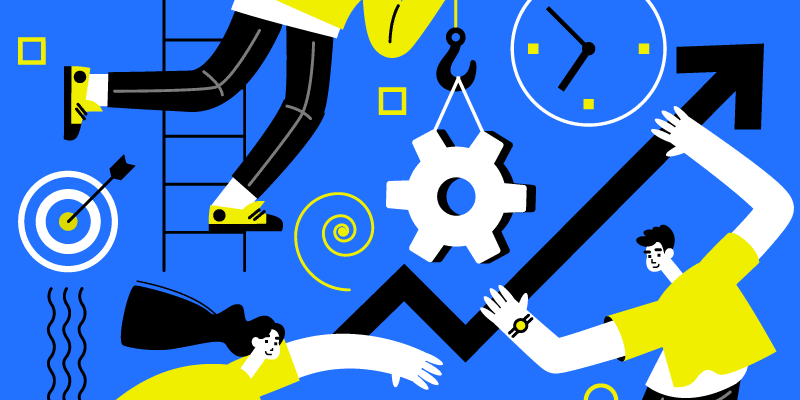 An illustration on a blue background features diverse individuals interacting with symbolic elements of automated IT progress. The composition conveys themes of workforce empowerment and strategic achievement in the tech industry.