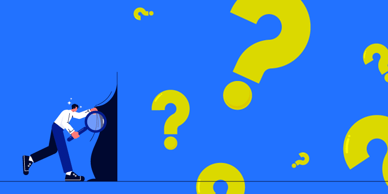 A person uses a magnifying glass to peer into a dark space, symbolically uncovering hidden risks, while large yellow question marks float around them against a blue background.