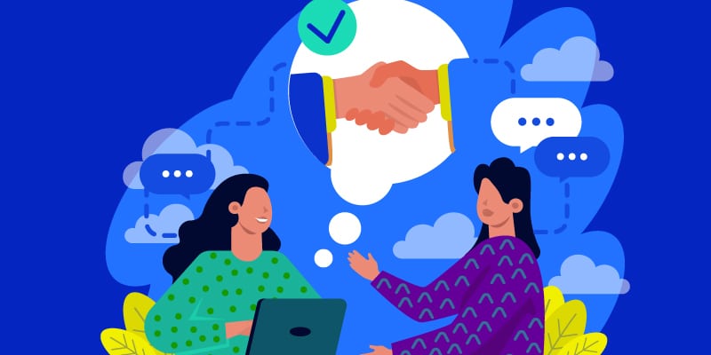 Two illustrated individuals engage in conversation, one actively working on a laptop. Their discussion is depicted through a thought bubble that features a handshake and a checkmark, symbolizing mutual agreement or successful negotiation. The scene unfolds against a serene blue background adorned with stylized clouds and additional speech bubbles, suggesting communication and collaboration.