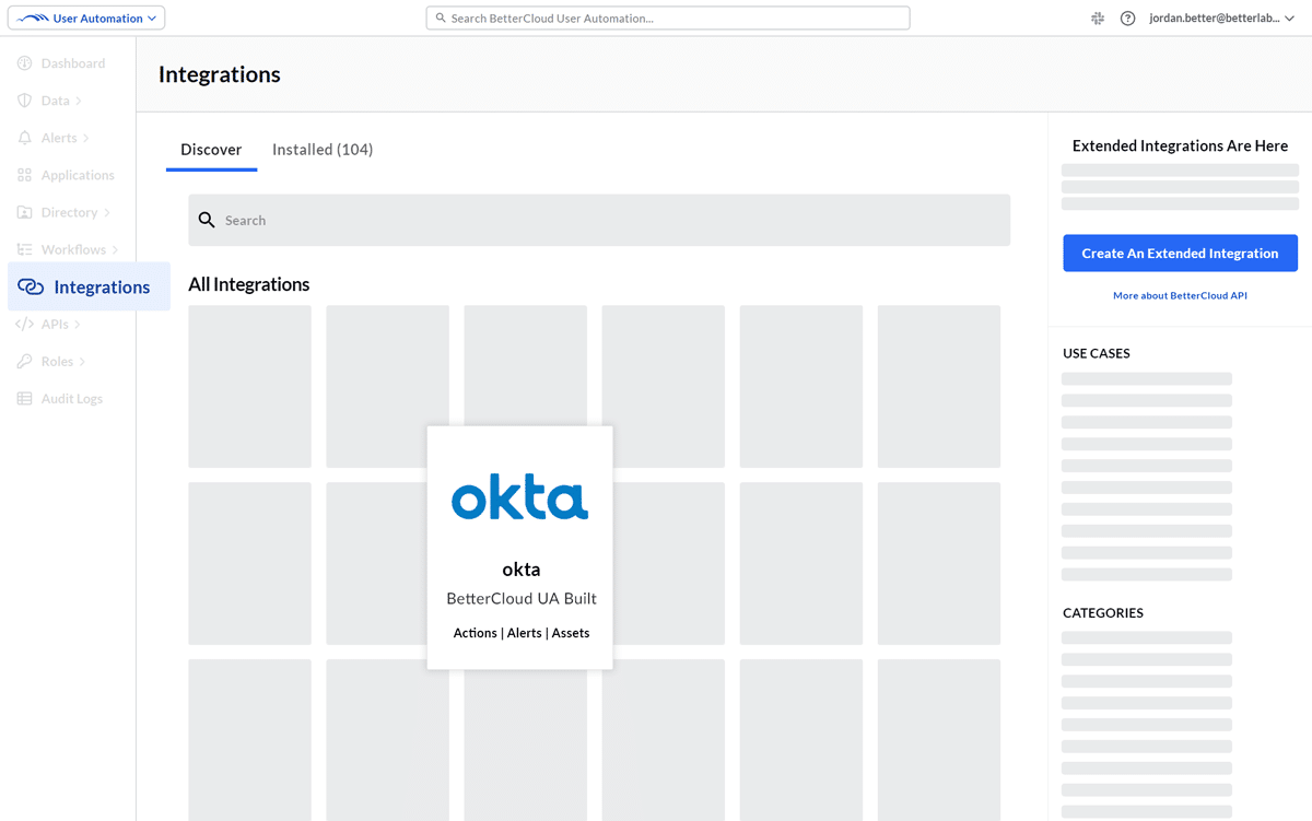 Screenshot of the BetterCloud platform showing a featured Okta integration