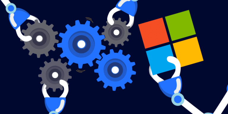 Robotic arms grasping interlocking gears beside a multicolored square Microsoft logo, against a dark backdrop. The illustration conveys the concept of automating user management using M365.