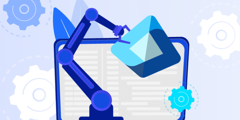 A robotic arm grips a Entra ID icon in the forefront, symbolizing automation. Behind it, interlocking grey gears and a document provide context for industrial and technological processes.