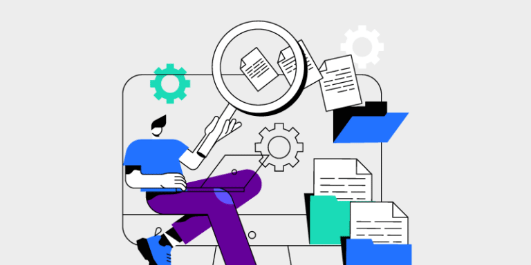 A person is seated atop a large computer screen, holding a magnifying glass to closely examine documents displayed on the screen. Surrounding them are several gears and folders, symbolizing themes of organization and analysis. The image conveys ideas of detailed investigation, data processing, and systematic management within a digital environment.