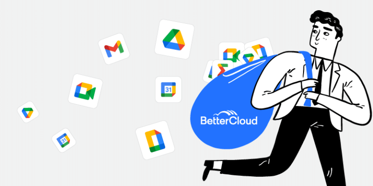 A person dressed in a formal black and white suit is shown carrying a large blue sack labeled BetterCloud. Numerous Google Workspace app icons, such as Gmail, Drive, and Calendar, are spilling out of the sack. This visualization represents efficient bulk editing capabilities within Google Workspace with BetterCloud.