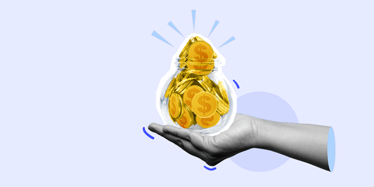 A hand holds a transparent jar filled with gold coins, each marked with a dollar sign, representing strategic savings against a background of blue abstract shapes.