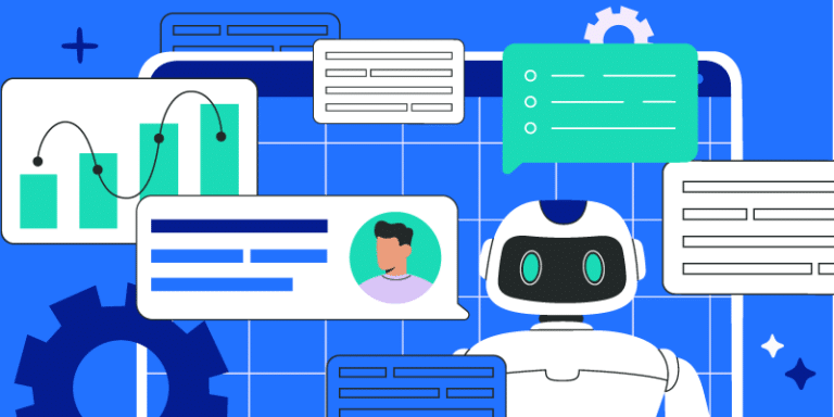 A futuristic robot is centrally positioned against a blue background, encapsulating the theme of artificial intelligence in operations management. Encircling the robot are chat bubbles symbolizing communication, graphs indicating data analysis and performance tracking, and gears representing mechanization and efficiency. A user profile icon suggests personalization or human interaction with AI systems, highlighting technology's role in enhancing decision-making processes.