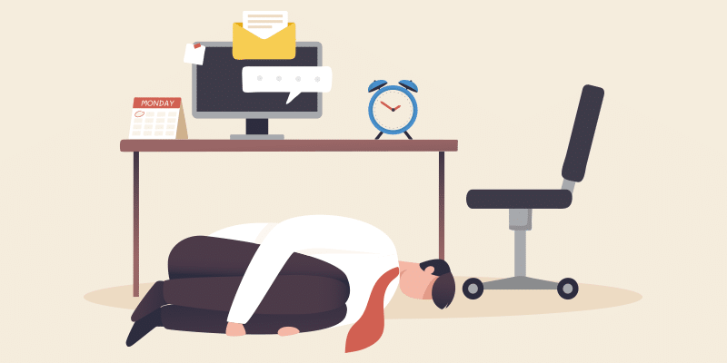 A IT admin lies exhausted on an office floor beside a desk holding a computer monitor, wall clock, and calendar filled with deadlines, visually representing the strain and burnout of an IT team under heavy workload without additional staffing support.