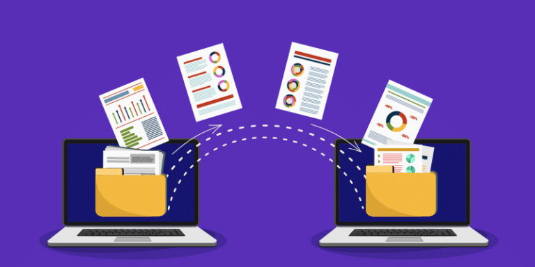 Two open laptops face each other on a purple background, with animated arrows and floating papers—featuring documents and charts—moving between digital folders on their screens, illustrating the process of external file sharing.