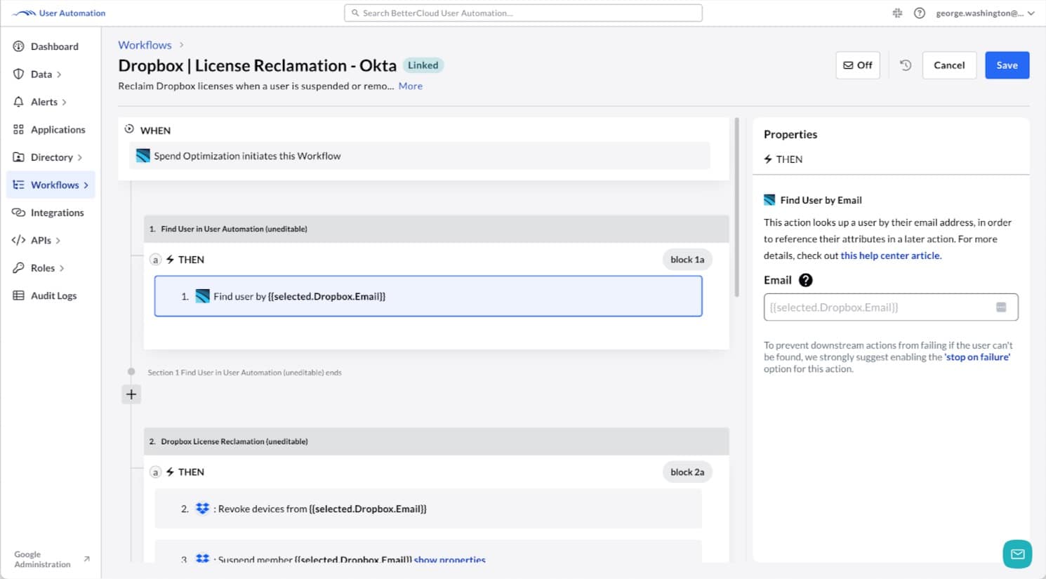 BetterCloud workflow builder in User Automation for license reclamation