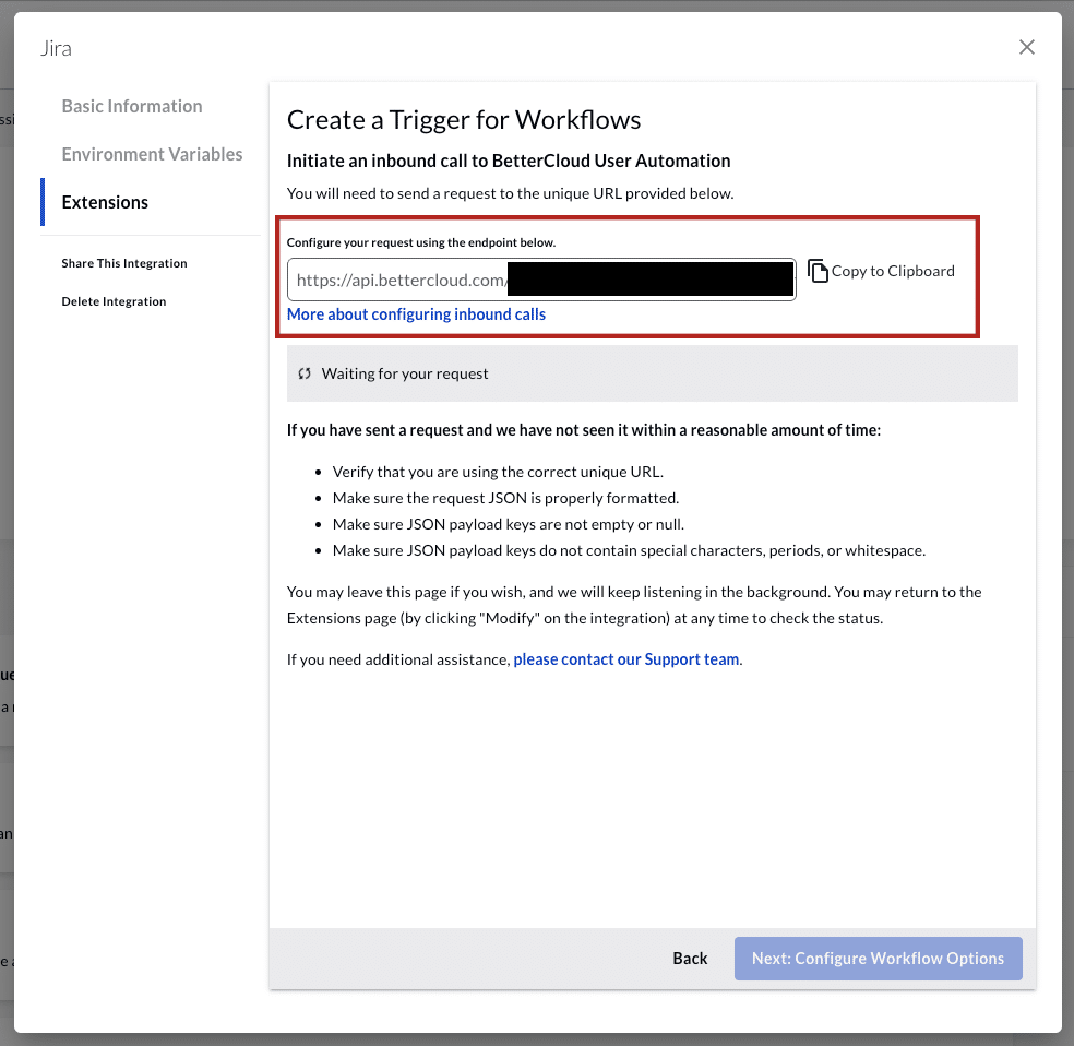 BetterCloud interface displaying step-by-step instructions for creating Jira workflow triggers, with BetterCloud API endpoint highlighted for setup guidance.