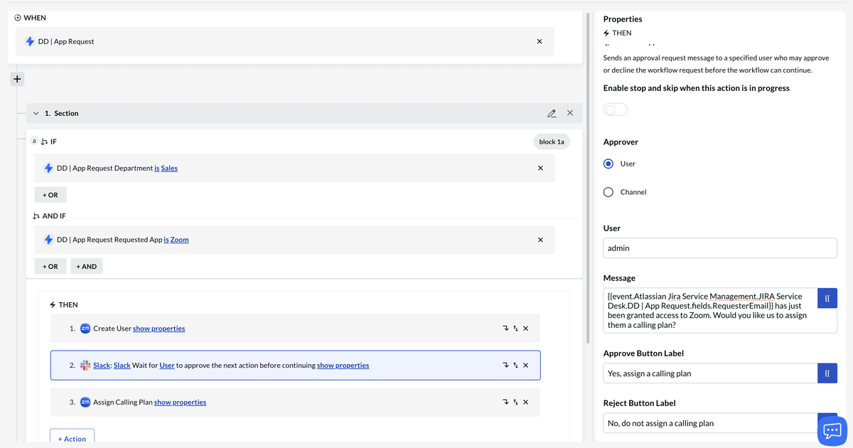 BetterCloud workflow automation dashboard showing conditional approval steps for app requests, with approver selection and message customization options.