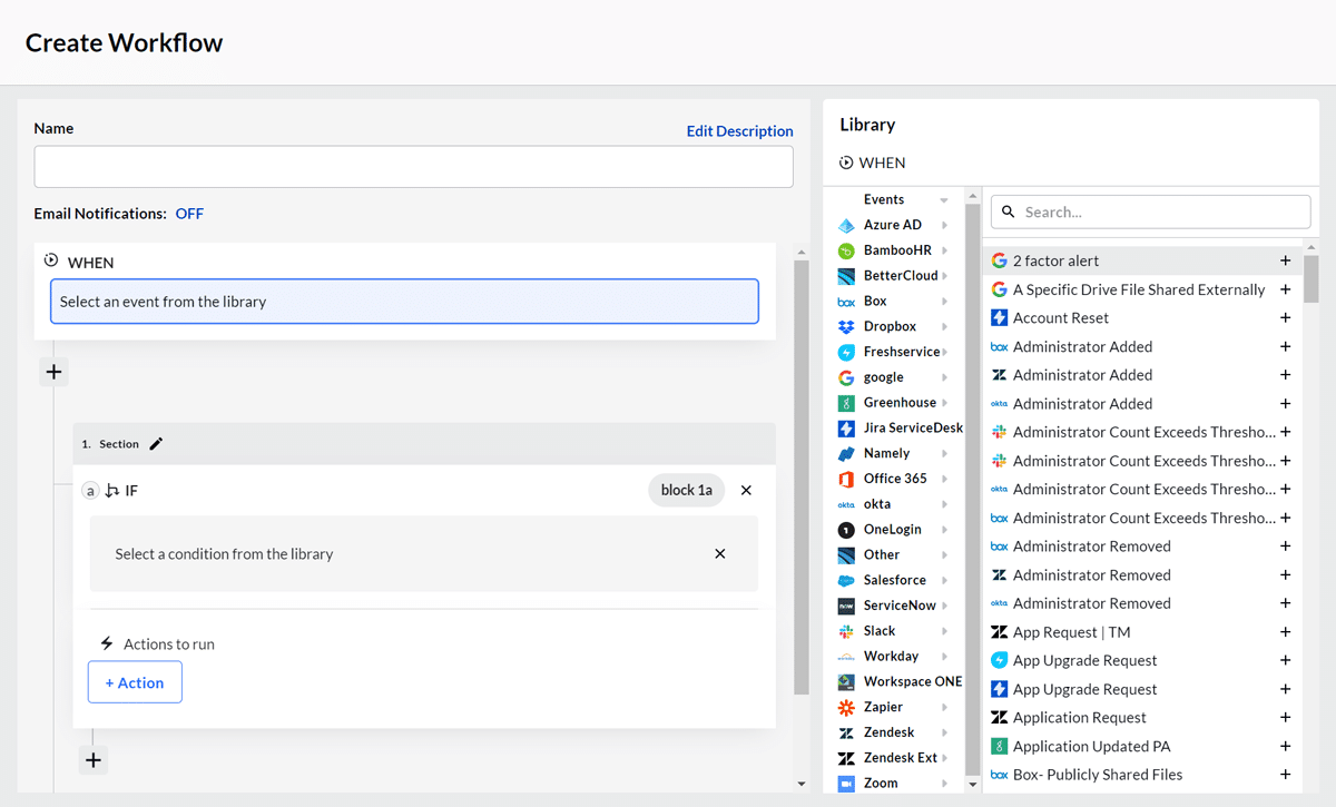 BetterCloud workflow creation interface with event and condition menus, and a sidebar showing app integrations and available triggers.