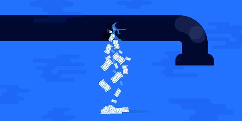 A broken pipe leaking numerous currency bills against a solid blue background, symbolizing financial loss and emphasizing the importance of efficient SaaS spend management.