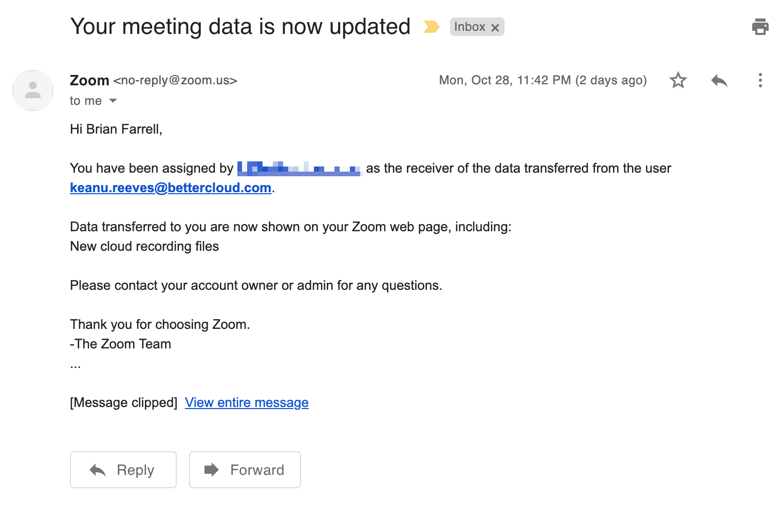 Ways we Use BetterCloud for notifications of Zoom transfer